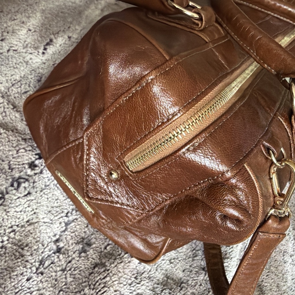 Y2K Lauren Merkin Brown Leather Satchel Duffel Top Handle Shoulder Bag Purse - Picture 5 of 16